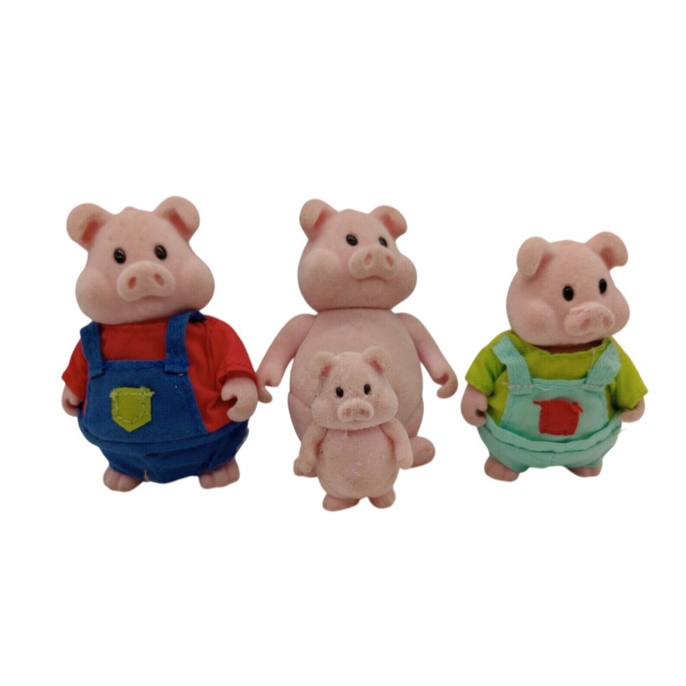 Vintage Calico Critters Sylvanian Families Pig Family Flocked Figures Set of 4